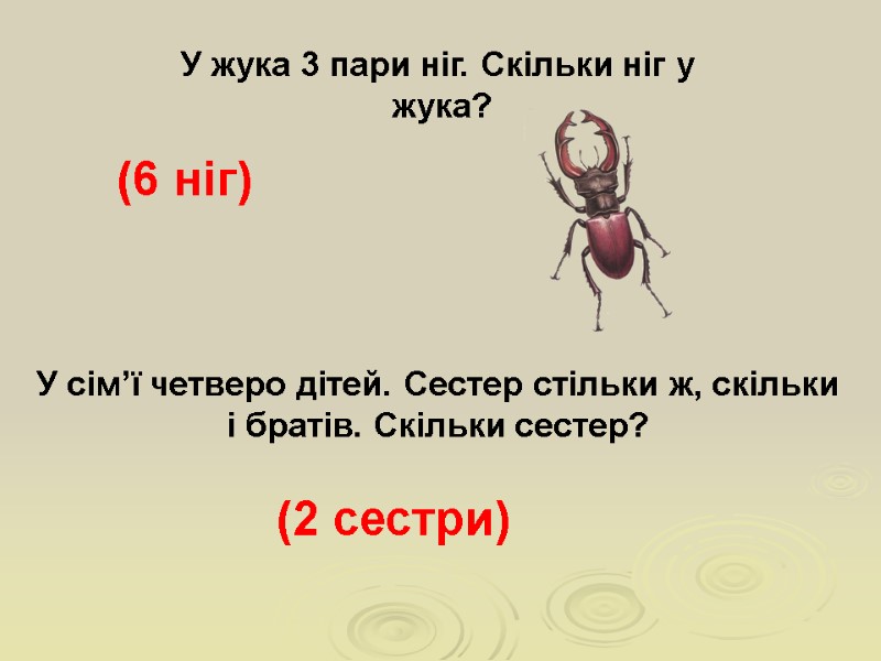 У сім’ї четверо дітей. Сестер стільки ж, скільки і братів. Скільки сестер? (2 сестри)